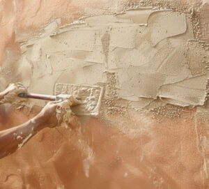 A worker using clay plaster an ecofriendly option for finishing walls that is nontoxic and easy to maintain.